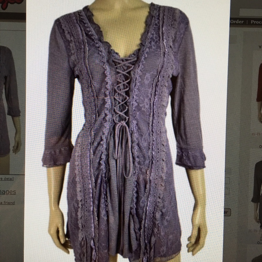 nwt PRETTY ANGEL RUFFLE & LACE TUNIC BLOUSE SM-3XL PURPLE slenderizing slimming